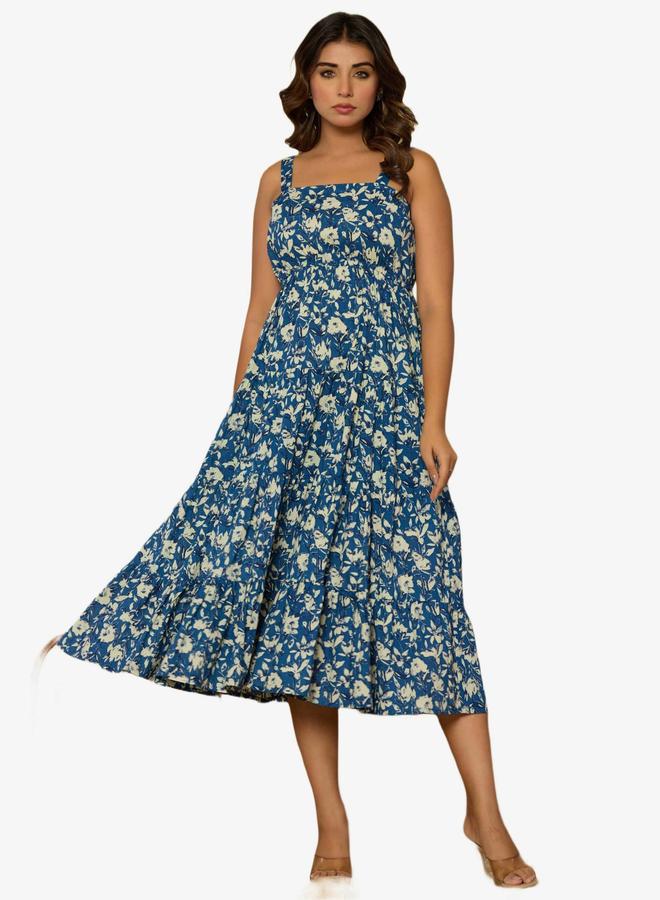 KASYA Blue Cotton Printed Midi Dress - Image 1